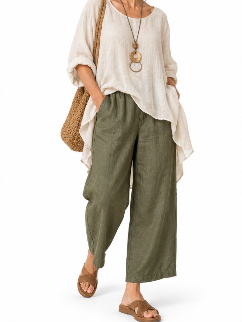 Quince European Linen Wide Leg Pants Size XL Olive Green Elastic Waist Pockets